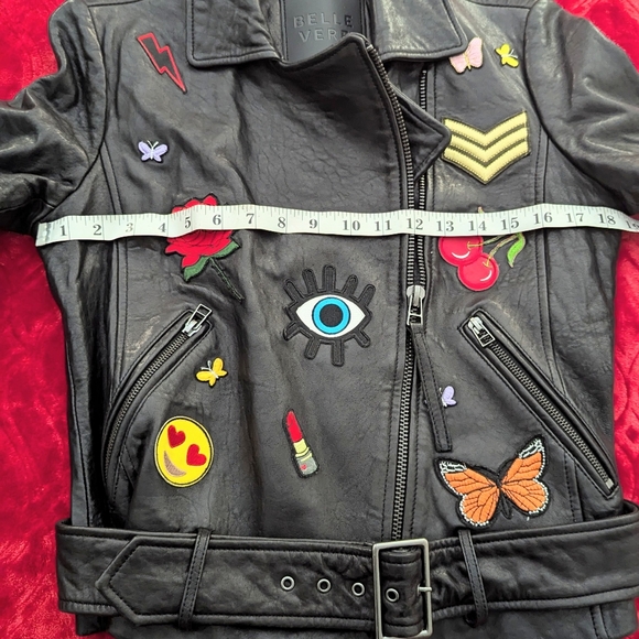 Belle Vere Black Leather Moto Jacket Belted Embellished Applique Size Small - Picture 5 of 9